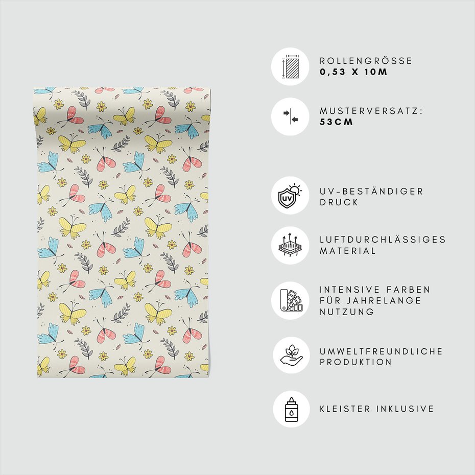 Tapeta - dziecięca, motyle, kwiaty, liście