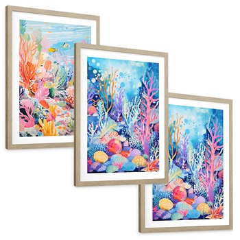 Zestaw obrazy w ramie, plakaty - podwodny, rafa, ryby - rama drewno