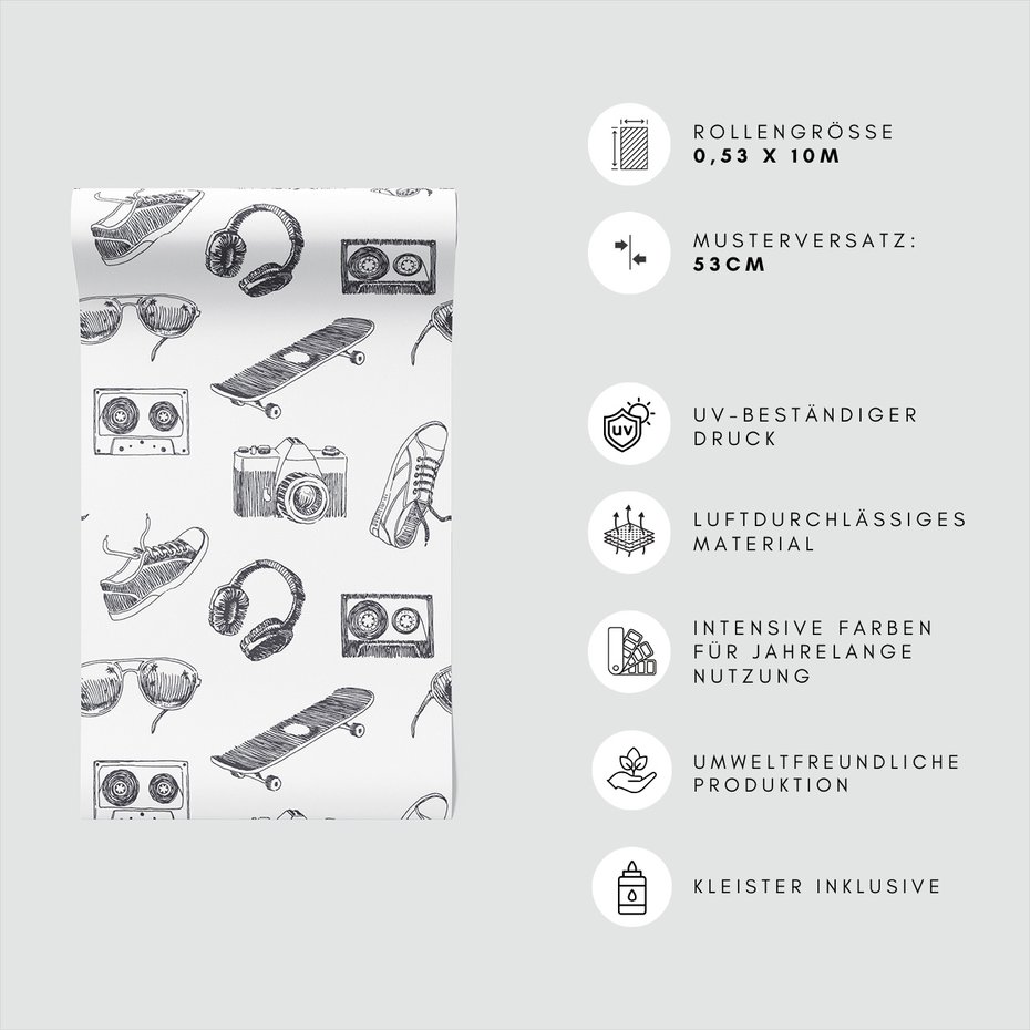 Tapeta - słuchawki, deskorolka, retro