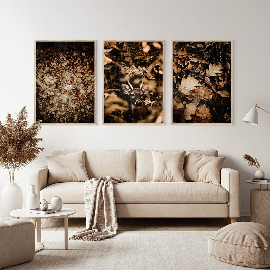 Zestaw obrazy w ramie, plakaty - liście,jeleń,las - rama drewno