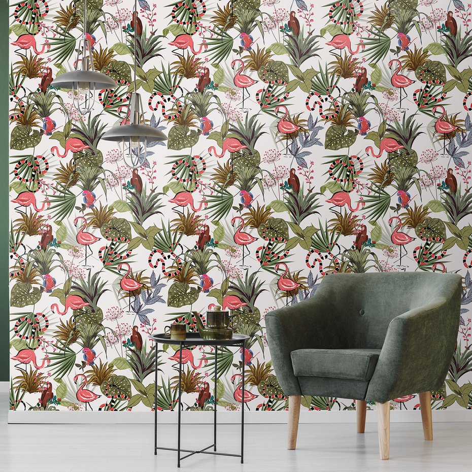 Tapeta - flamingo, papuga, liście