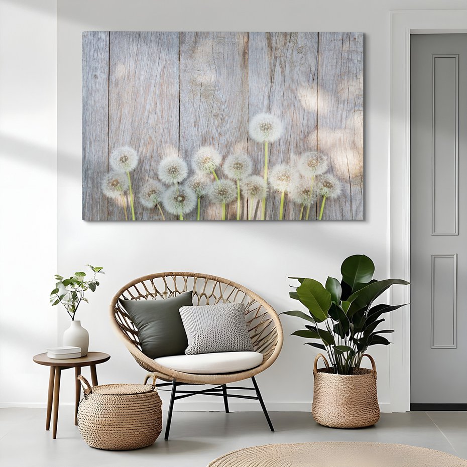 Obraz na płótnie - dmuchawce, drewno, natura