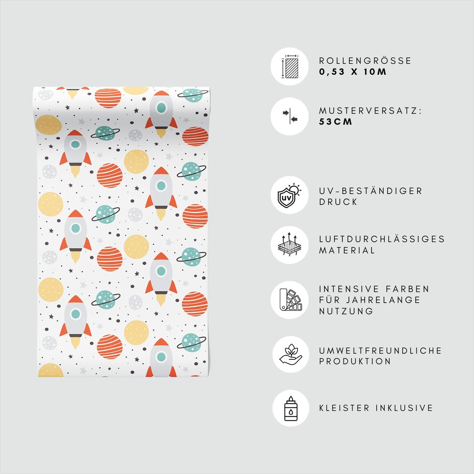 Tapeta - dziecięca, rakieta, planeta, gwiazdy