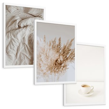Zestaw obrazy w ramie, plakaty - beżowy, kawa, trawa - rama biała
