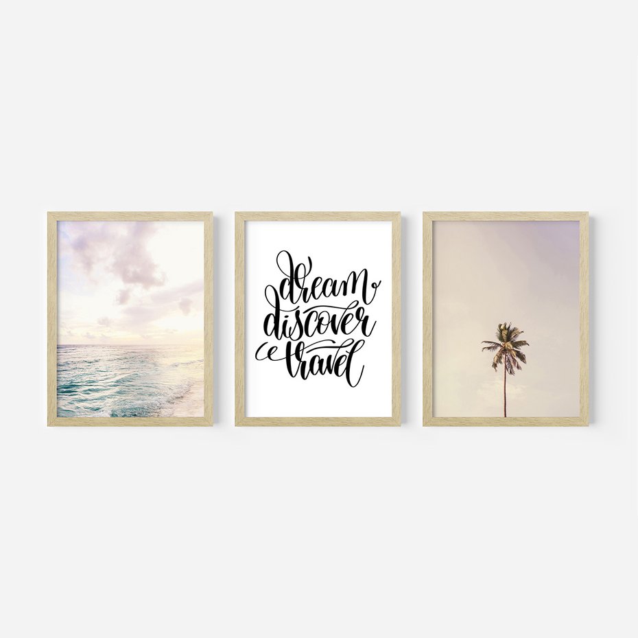 Zestaw obrazy w ramie, plakaty - plaża,palma,napis - rama drewno