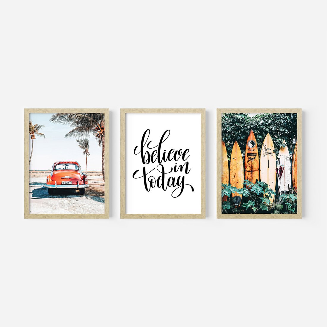 Zestaw obrazy w ramie, plakaty - palmy, samochód, deski surfingowe - rama drewno
