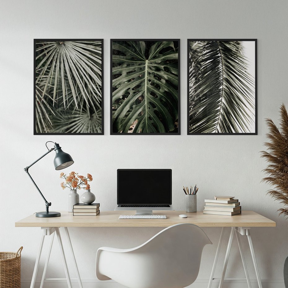 Zestaw obrazy w ramie, plakaty - liście, palmy, tropikalne - rama czarna