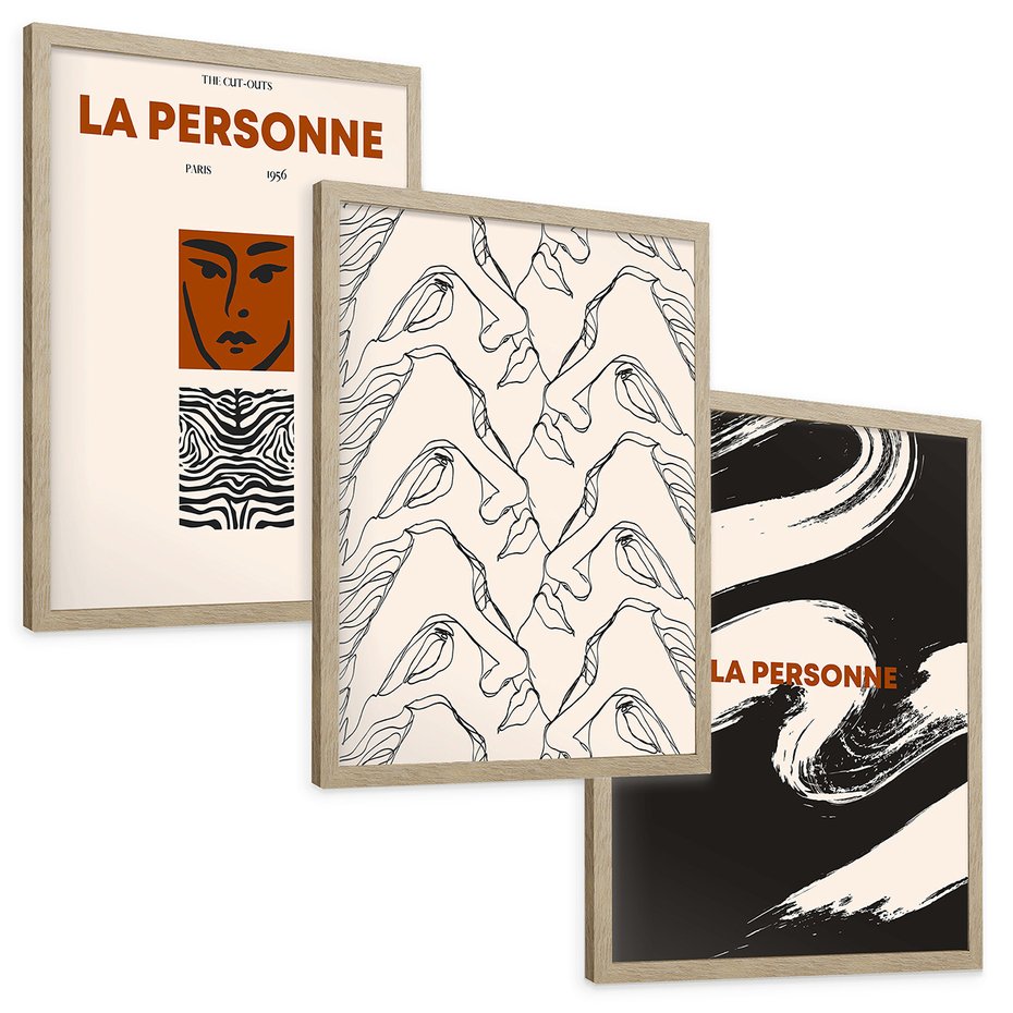 Zestaw obrazy w ramie, plakaty - abstrakcja, twarze, vintage - rama drewno