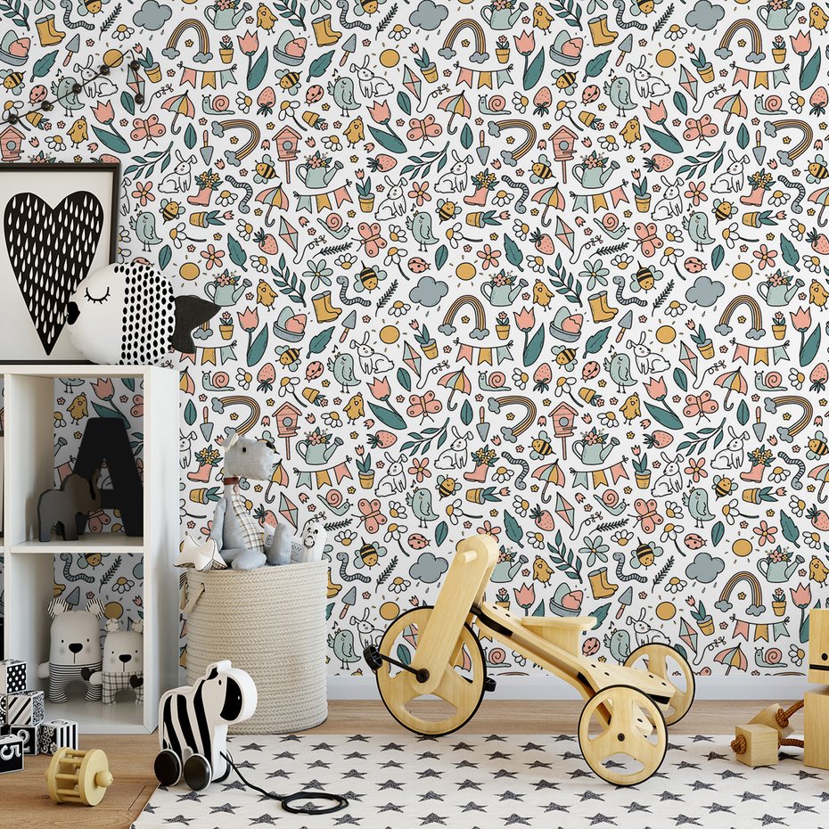 Tapeta - dziecięca, kwiaty, wzór, truskawki