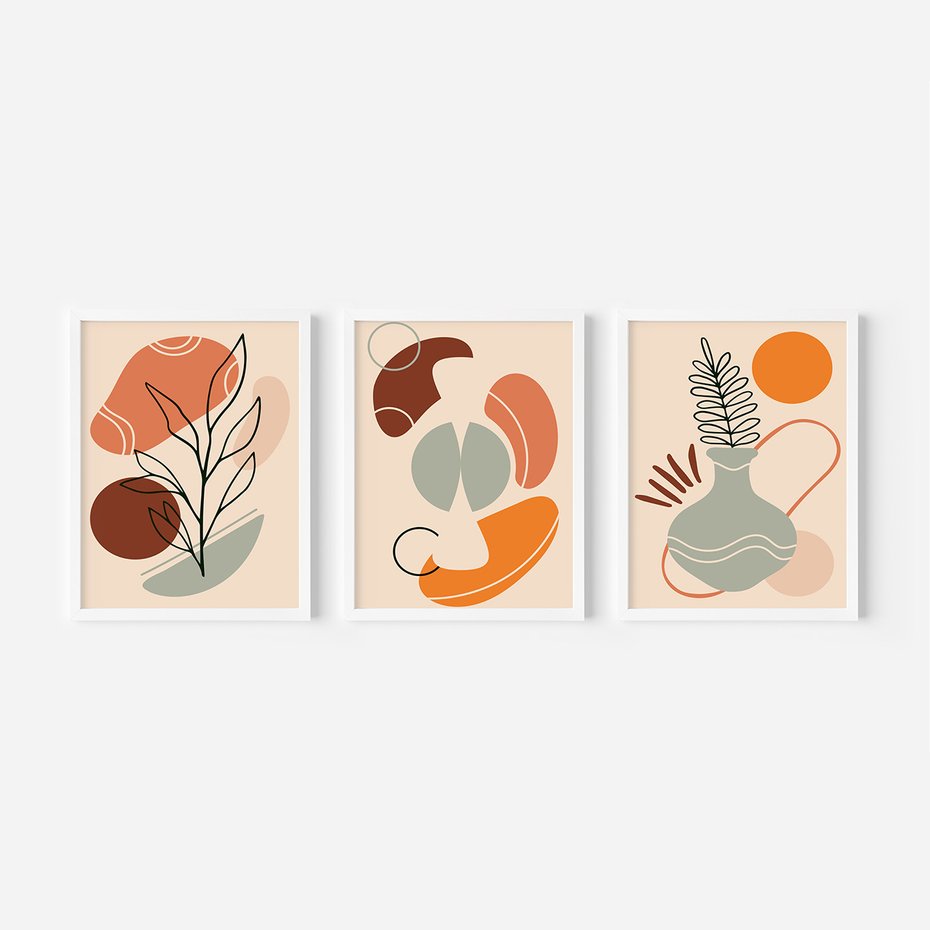 Zestaw obrazy w ramie, plakaty - abstrakcja, liście, rośliny - rama biała