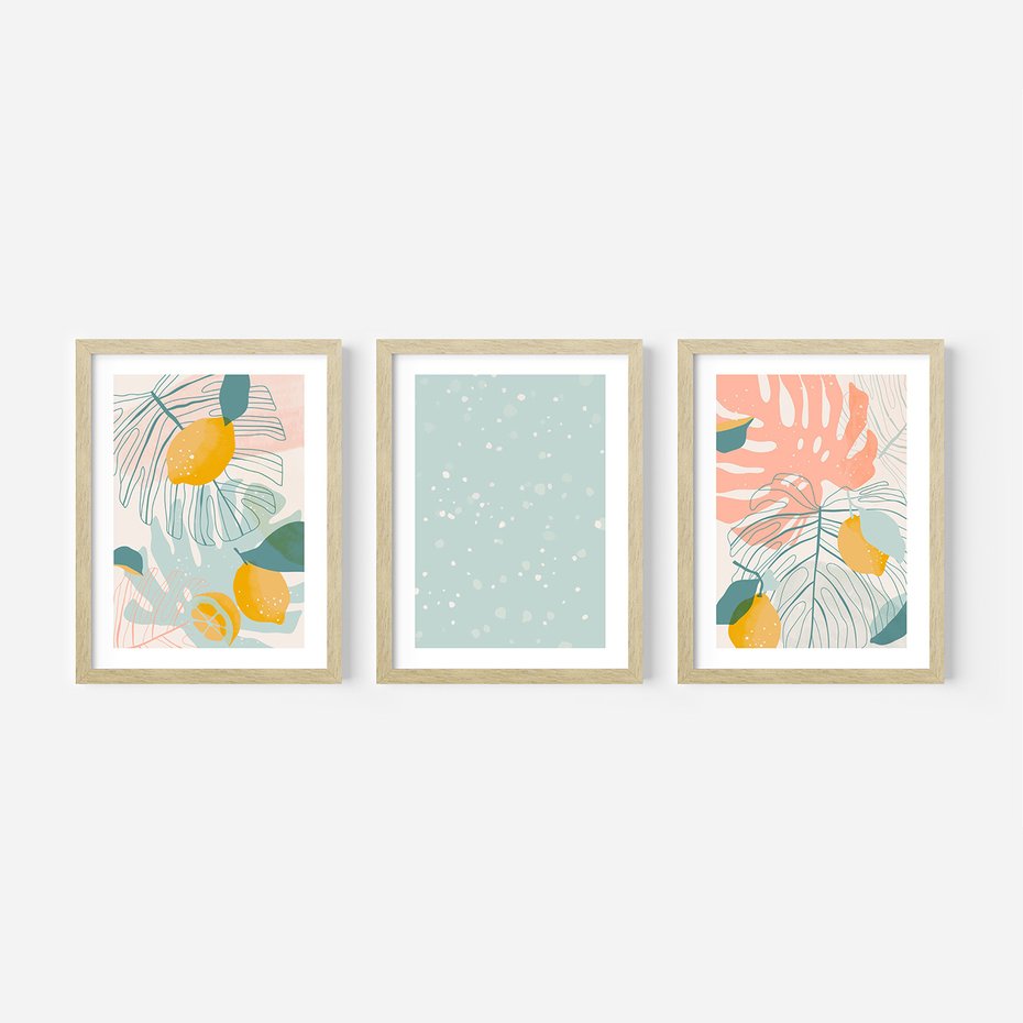 Zestaw obrazy w ramie, plakaty - liście, cytryny, abstrakcja - rama drewno