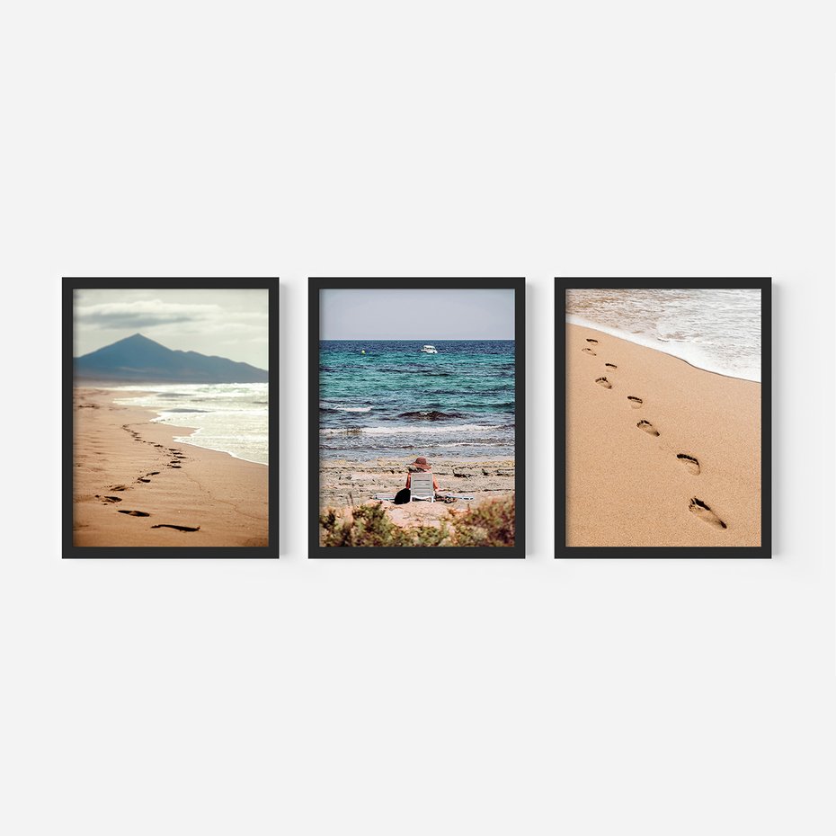 Zestaw obrazy w ramie, plakaty - plaża, morze, piasek - rama czarna