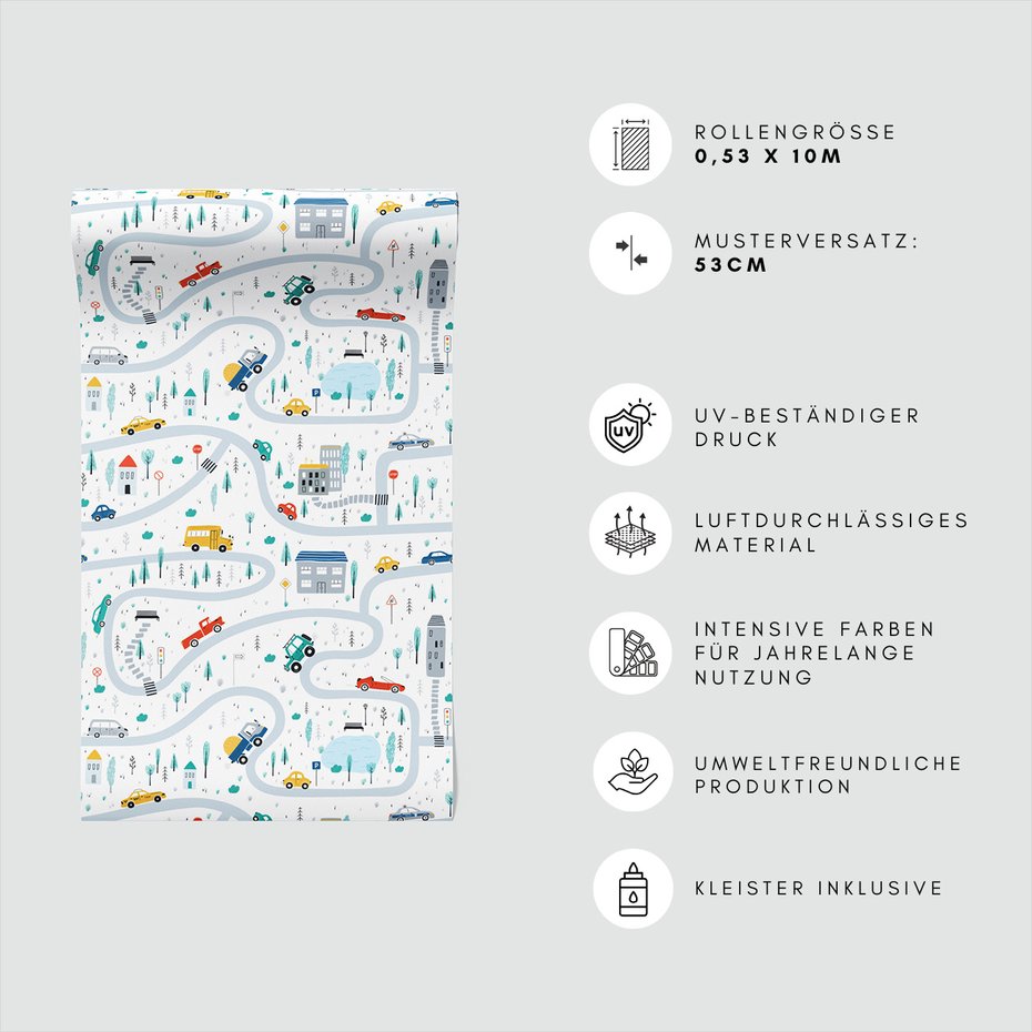 Tapeta - dziecięca, miasto, samochody, drzewa