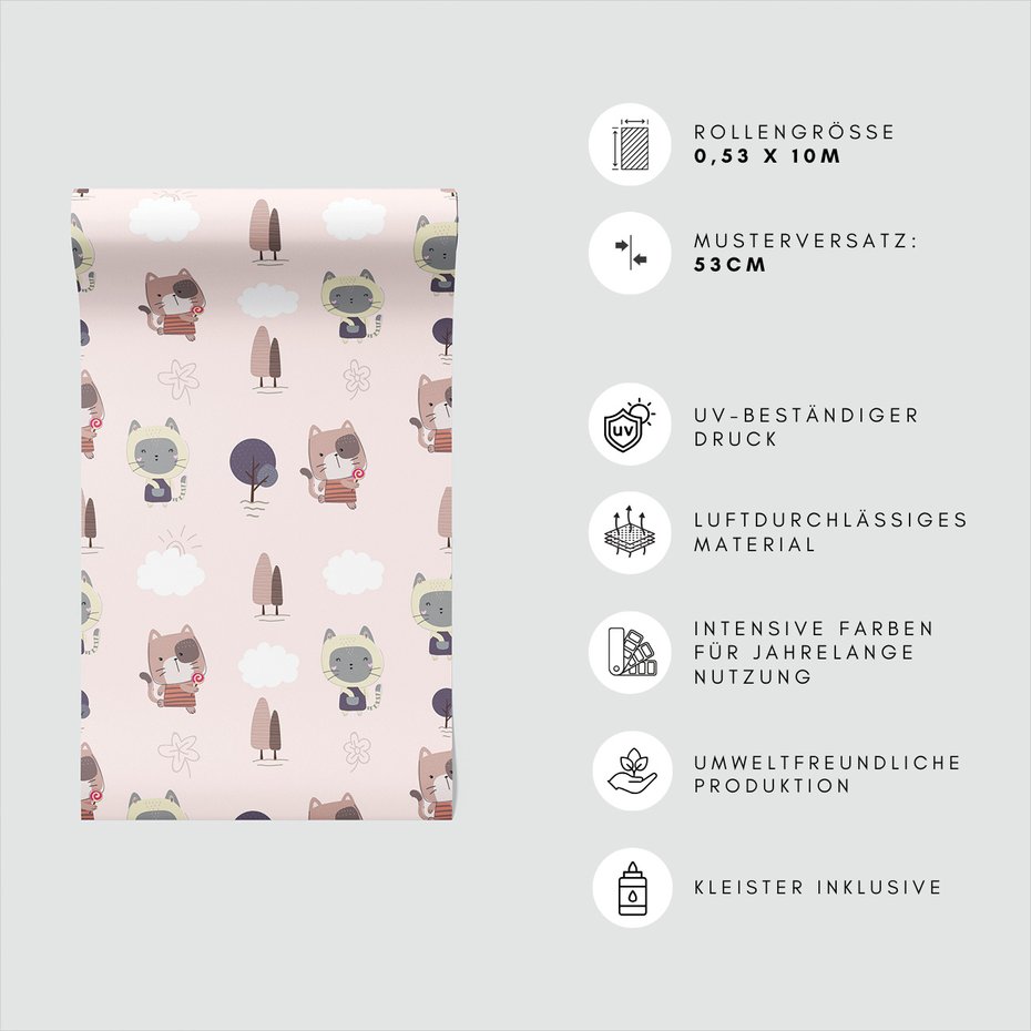 Tapeta - dziecięca, koty, chmury, drzewa