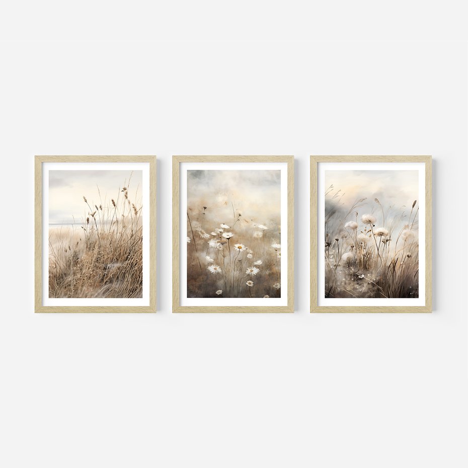 Zestaw obrazy w ramie, plakaty - kwiaty, trawa, delikatne - rama drewno