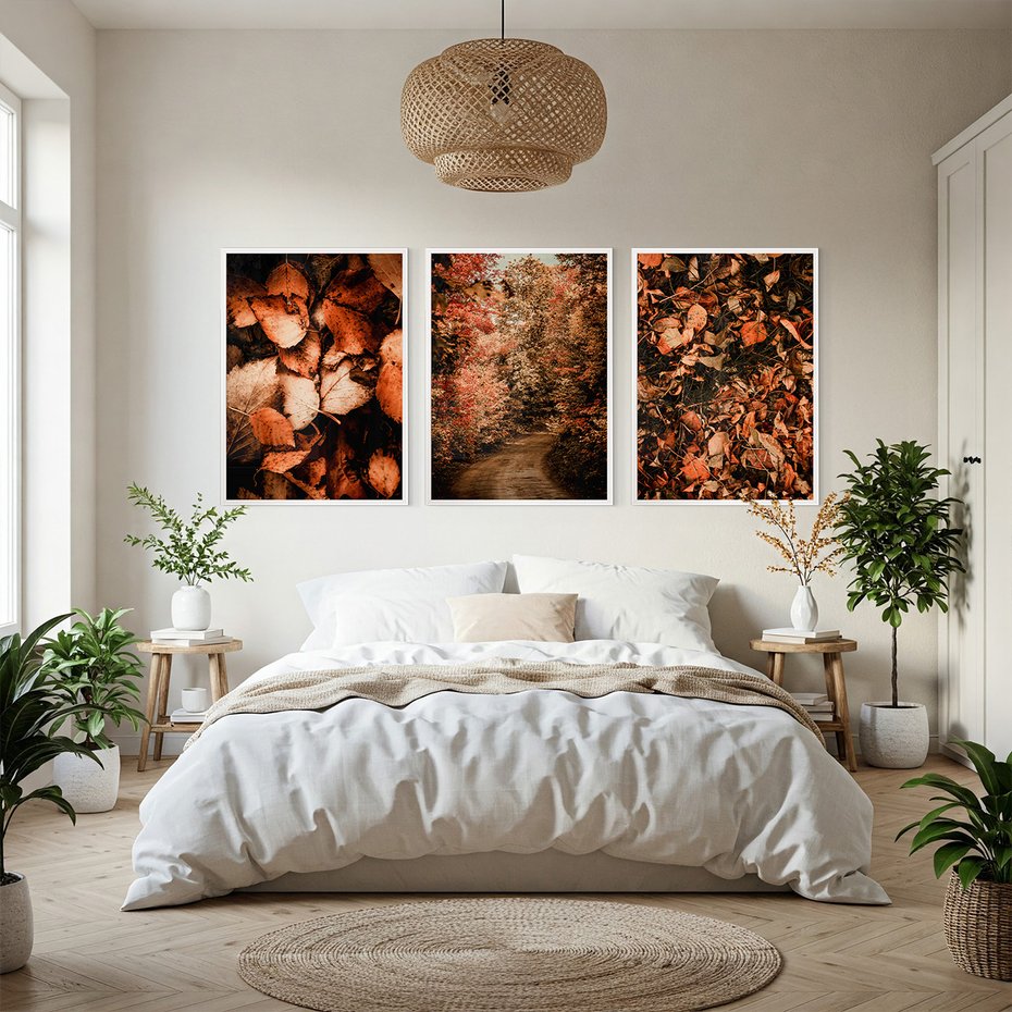 Zestaw obrazy w ramie, plakaty - liście,jesień,drzewa - rama biała