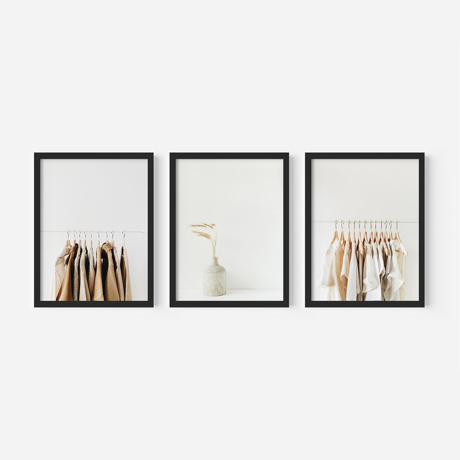 Zestaw obrazy w ramie, plakaty - ubrania, wazon, beżowy - rama czarna
