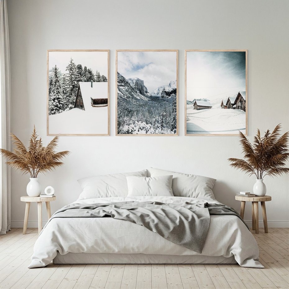 Zestaw obrazy w ramie, plakaty - zima, śnieg, góry - rama drewno