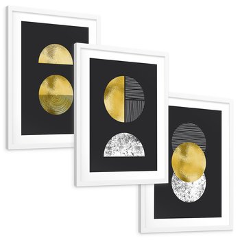 Zestaw obrazy w ramie, plakaty - złoty, abstrakcja, geometryczny - rama biała