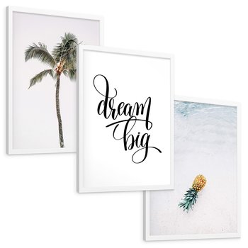 Zestaw obrazy w ramie, plakaty - palma, ananas, tropikalny - rama biała