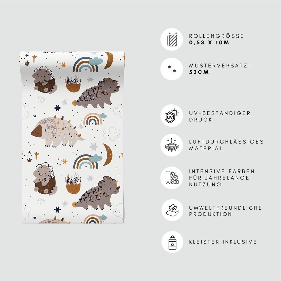 Tapeta - dziecięca, dinozaury, tęcza, gwiazdy