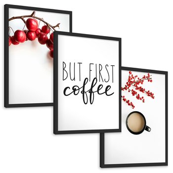 Zestaw obrazy w ramie, plakaty - owoce, kawa, gałązka - rama czarna