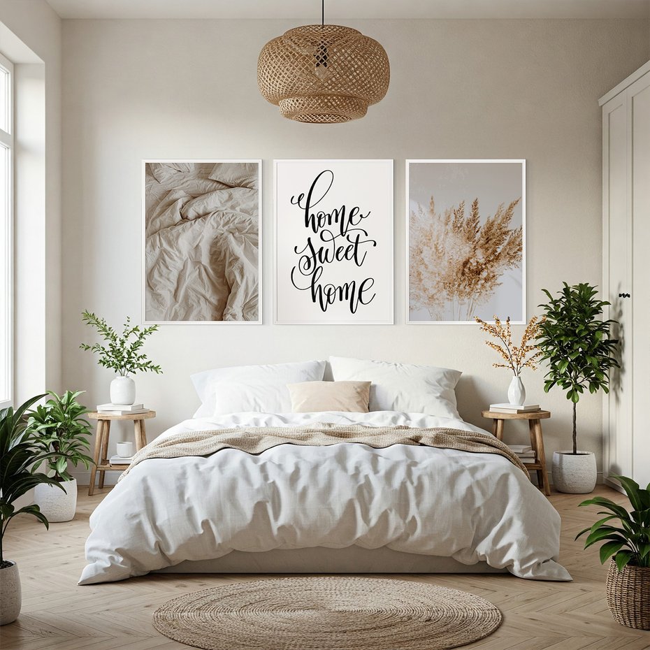 Zestaw obrazy w ramie, plakaty - trawa, beżowy, pismo - rama biała