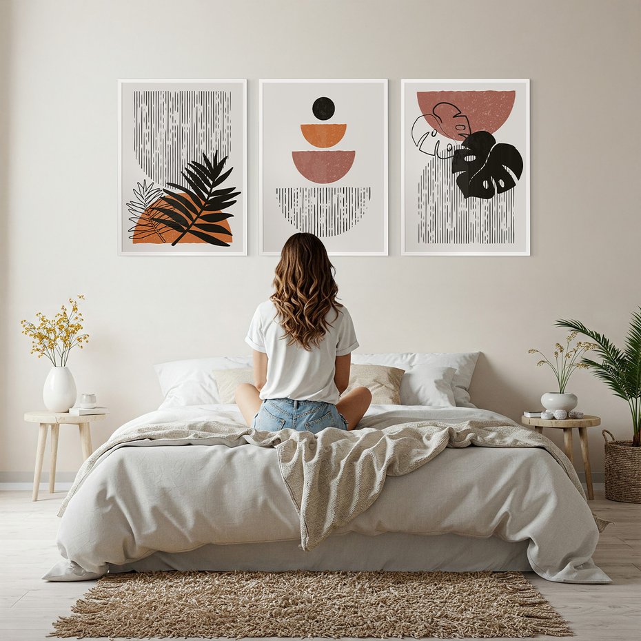 Zestaw obrazy w ramie, plakaty - abstrakcja, liście, minimalizm - rama biała