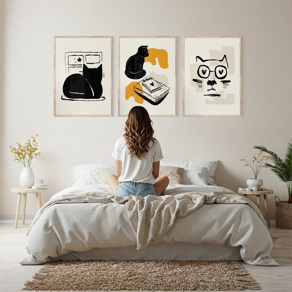 Zestaw obrazy w ramie, plakaty - kot, ilustracja, grafika - rama drewno