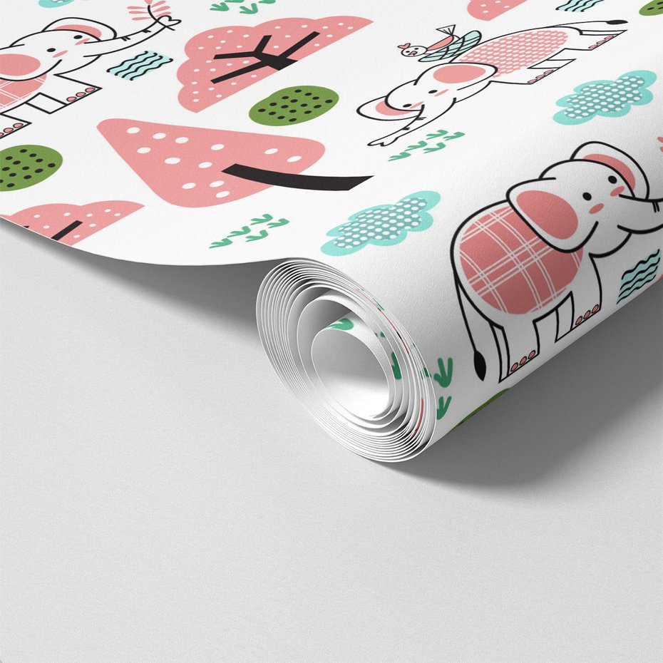 Tapeta - dziecięca, słoń, drzewa, ptak