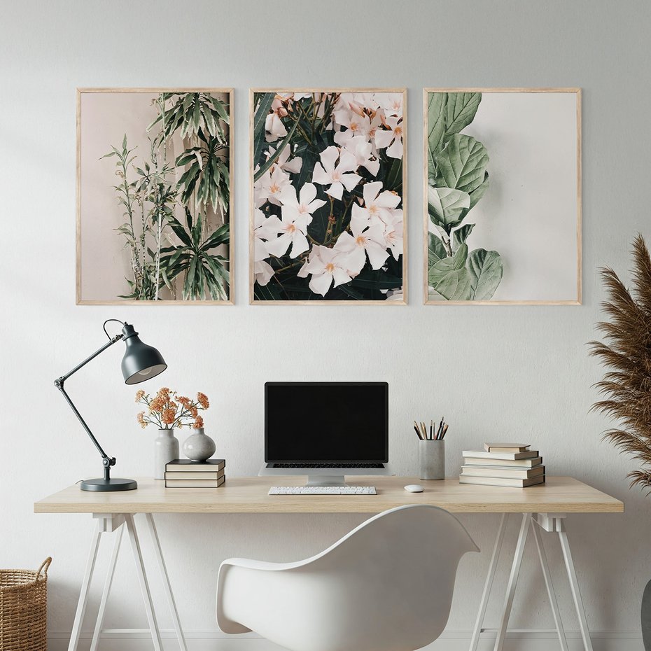 Zestaw obrazy w ramie, plakaty - rośliny, kwiaty, liście - rama drewno