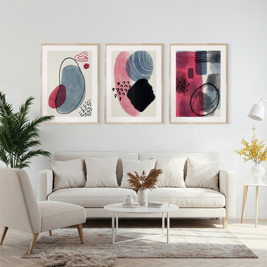 Zestaw obrazy w ramie, plakaty - abstrakcja, pastelowe, plamy, - rama drewno