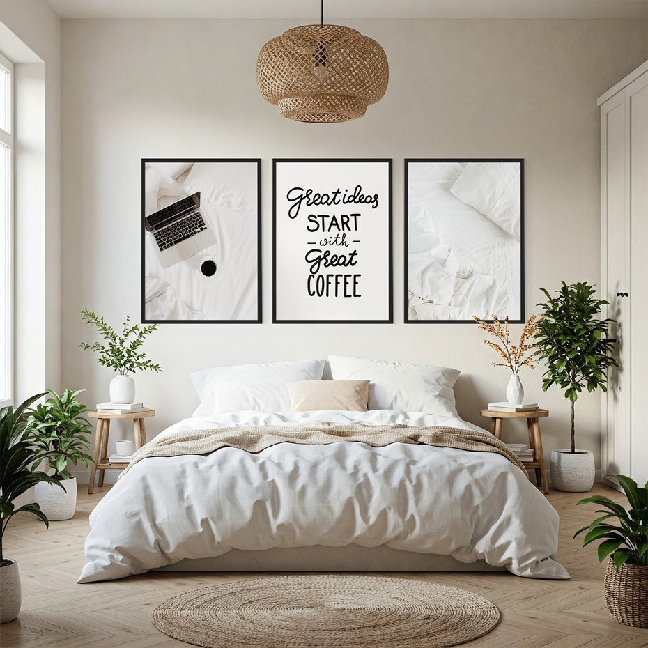 Zestaw obrazy w ramie, plakaty - minimalizm, kawa, laptop - rama czarna