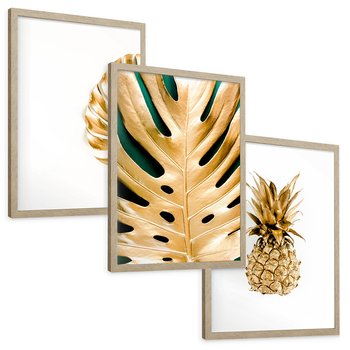 Zestaw obrazy w ramie, plakaty - złoty, liść, ananas - rama drewno