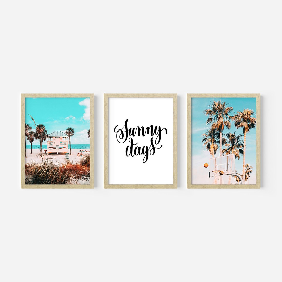Zestaw obrazy w ramie, plakaty - plaża, palmy, lato - rama drewno