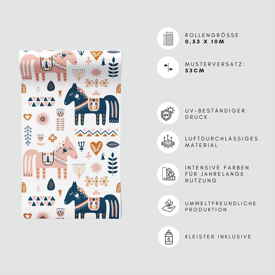 Tapeta - dziecięca, konie, kwiaty, ornamenty