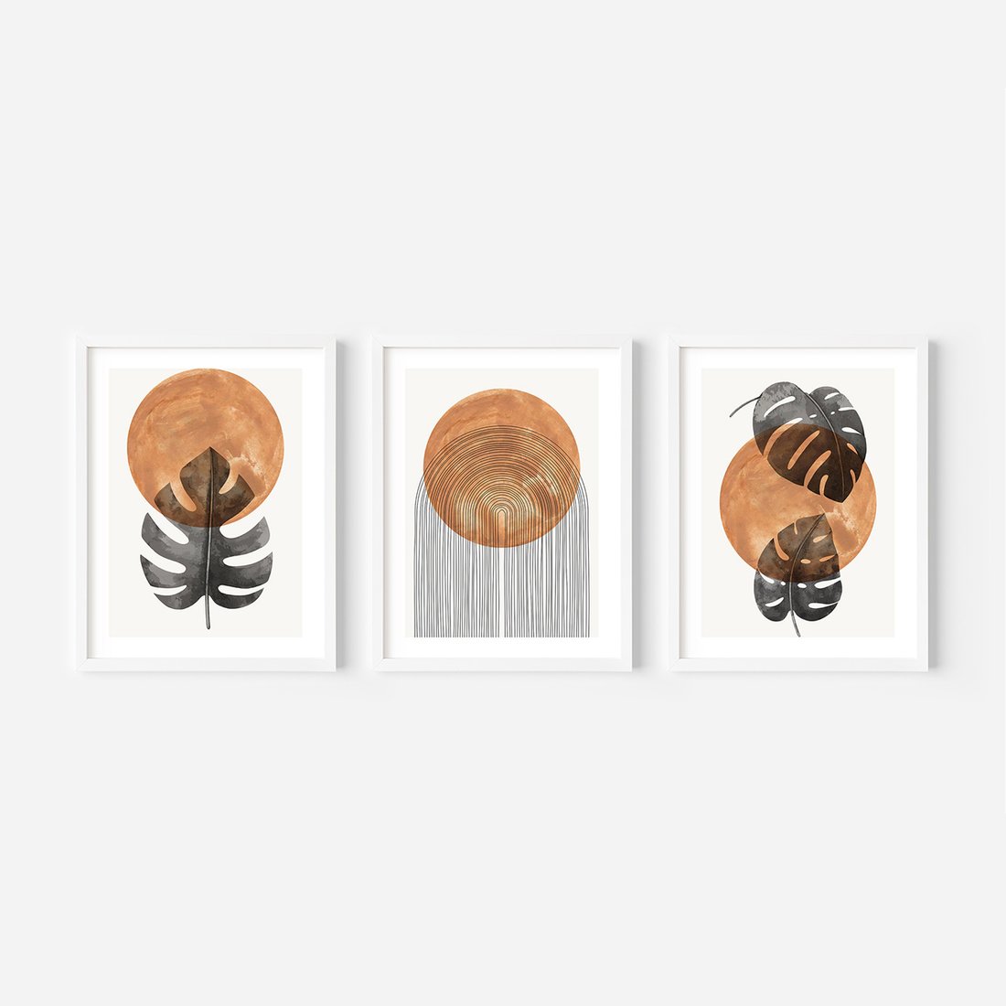 Zestaw obrazy w ramie, plakaty - liście, abstrakcja, okrąg - rama biała