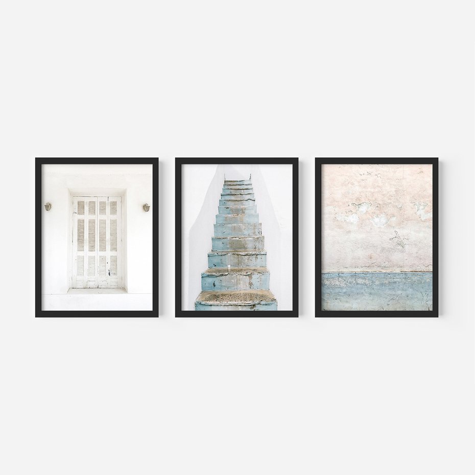 Zestaw obrazy w ramie, plakaty - ściana, schody, drzwi - rama czarna
