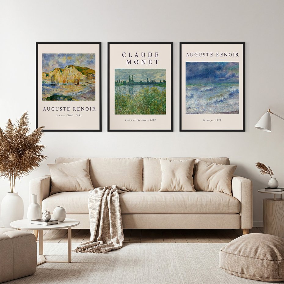 Zestaw obrazy w ramie, plakaty - impresjonizm, pejzaż, morze - rama czarna