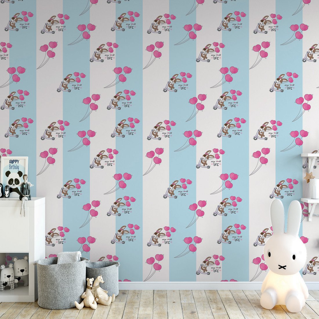 Tapeta - dziecięca, królik, hulajnoga, balony