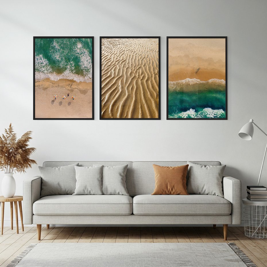 Zestaw obrazy w ramie, plakaty - plaża, morze, piasek - rama czarna