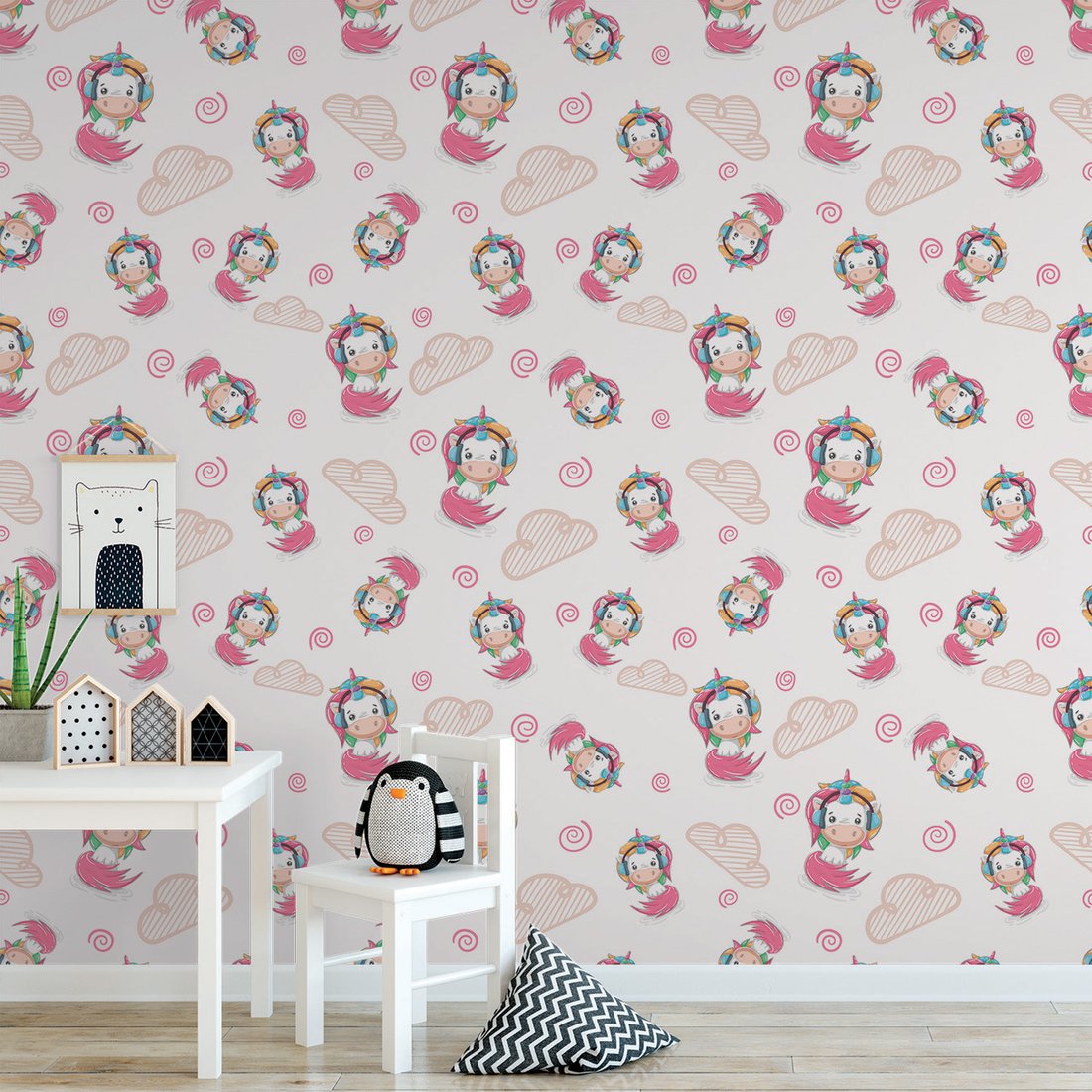 Tapeta - dziecięca, jednorożec, chmury, spirala