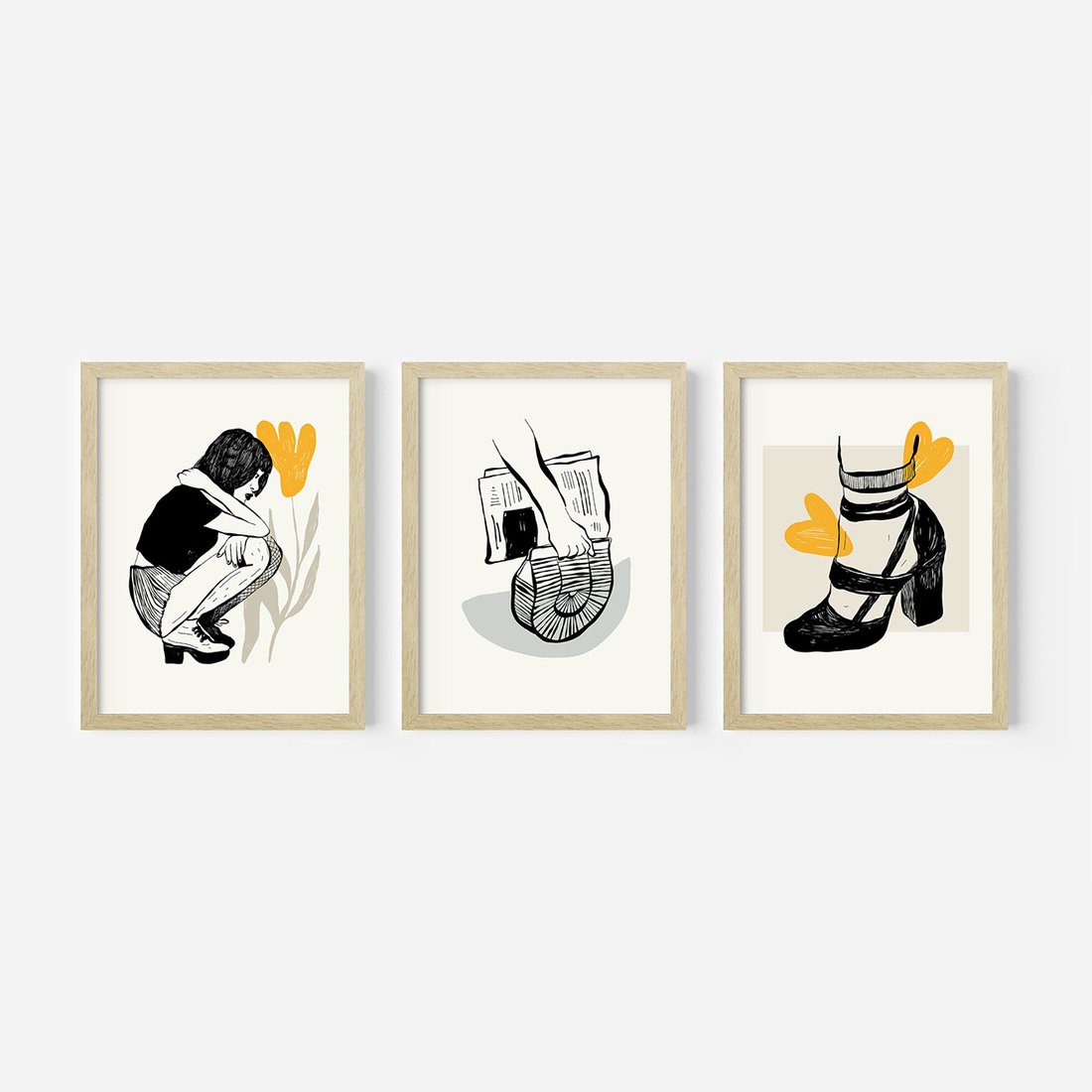 Zestaw obrazy w ramie, plakaty - rysunek, kobieta, kwiat - rama drewno