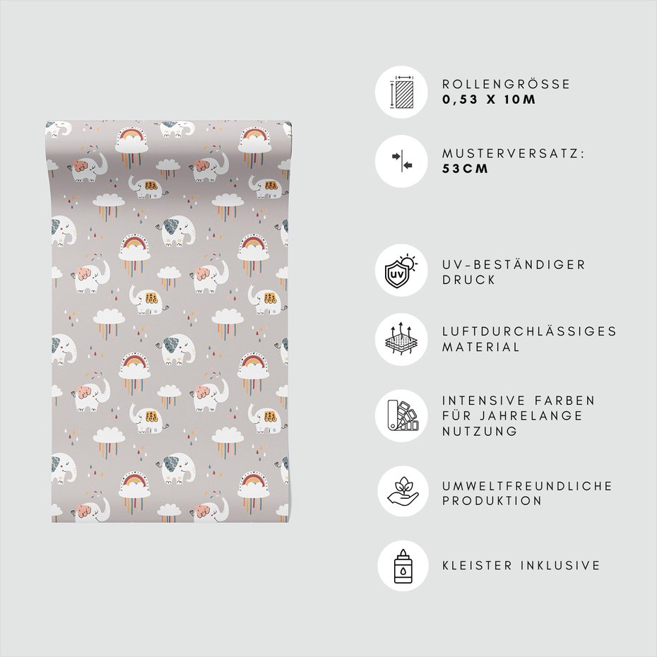 Tapeta - dziecięca, słonie, chmury, tęcza