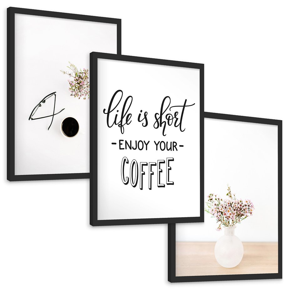 Zestaw obrazy w ramie, plakaty - kwiaty, kawa, okulary - rama czarna