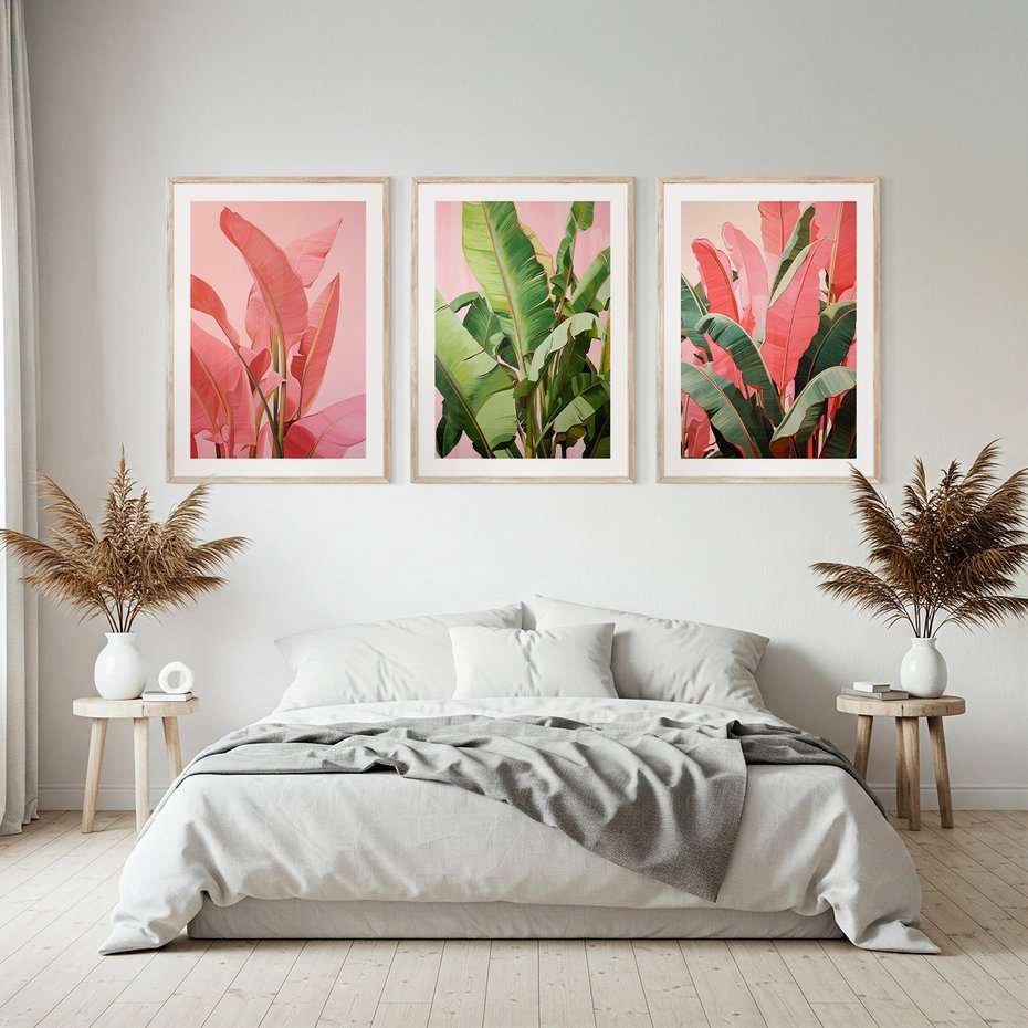 Zestaw obrazy w ramie, plakaty - liście, pastelowy, tropikalny - rama drewno