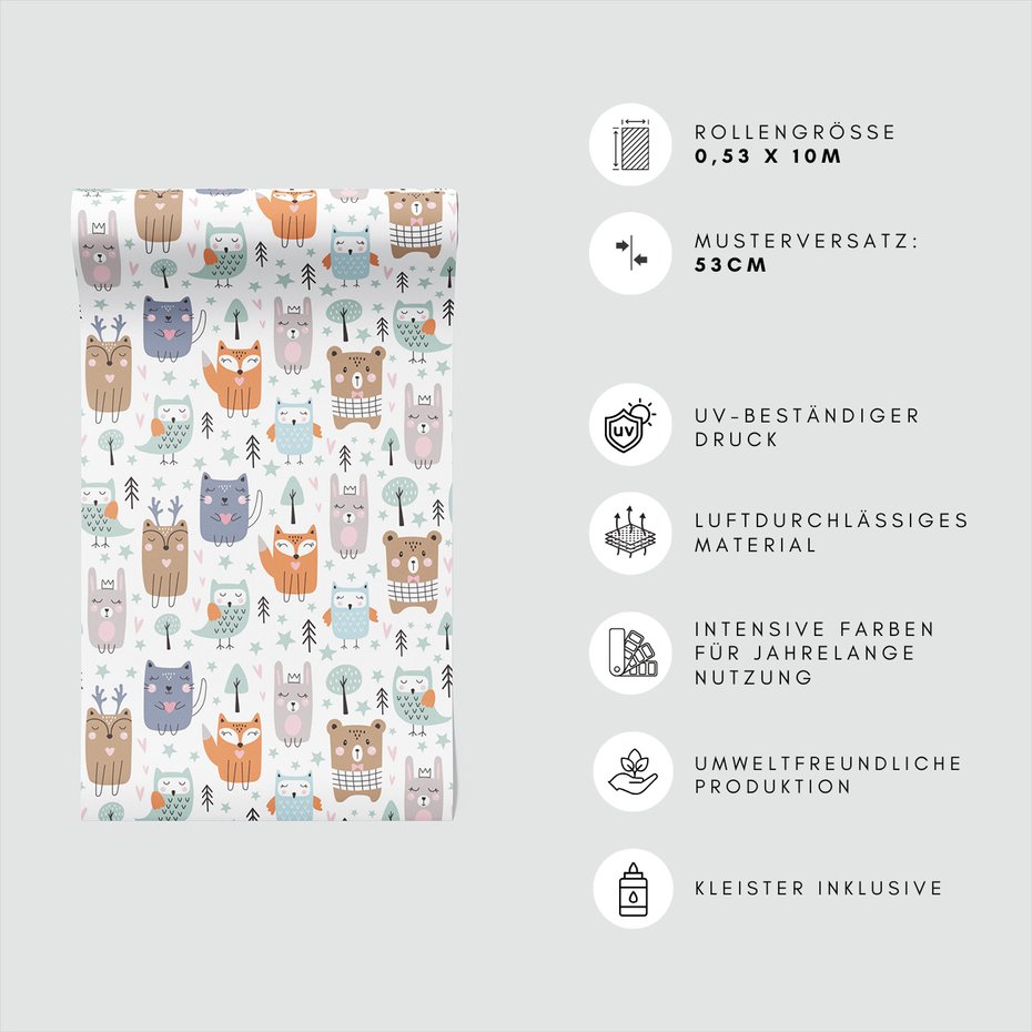 Tapeta - dziecięca, zwierzęta, drzewa, gwiazdy