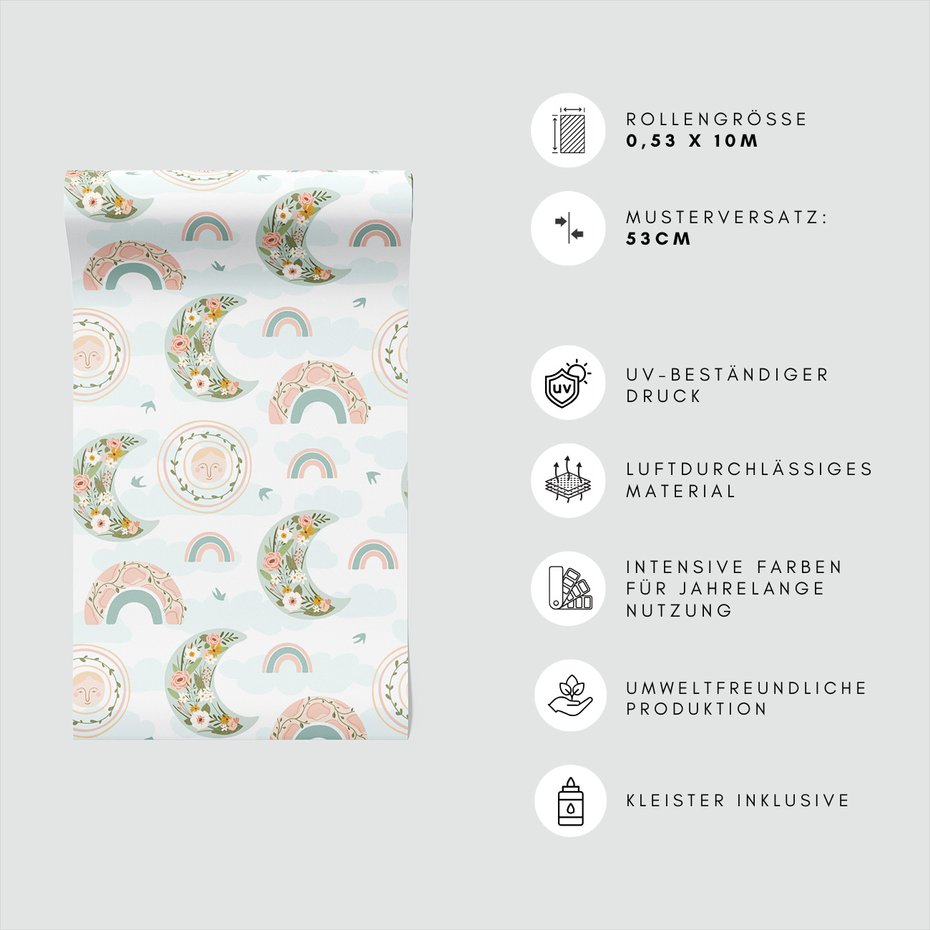 Tapeta - dziecięca, księżyc, tęcza, kwiaty