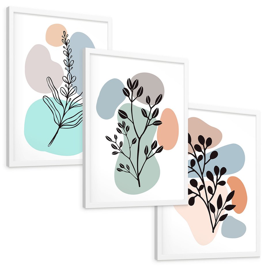 Zestaw obrazy w ramie, plakaty - liście, gałązki, abstrakcja - rama biała