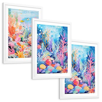 Zestaw obrazy w ramie, plakaty - podwodny, rafa, ryby - rama biała